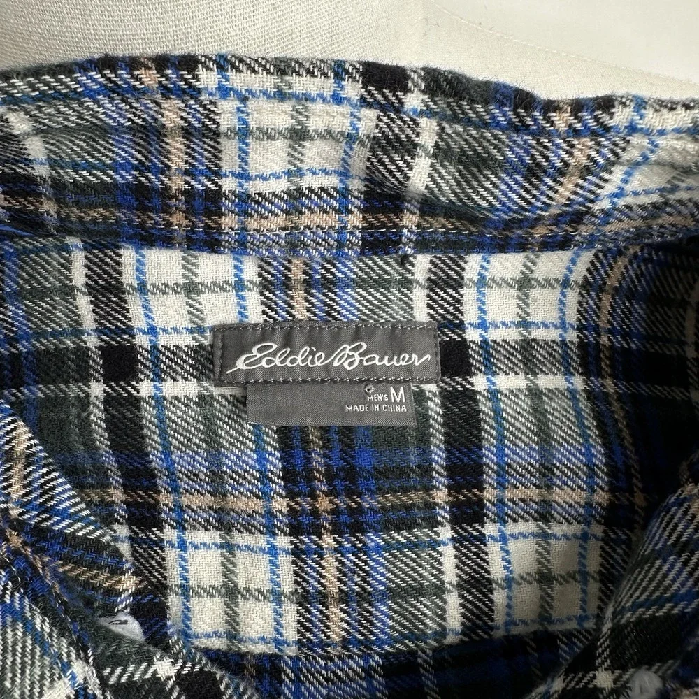 Men's Eddie Bauer Flannel Shirt Tartan Plaid Blue Green Cotton Button Up‎ Sz M